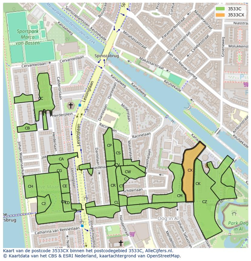 Afbeelding van het postcodegebied 3533 CX op de kaart.