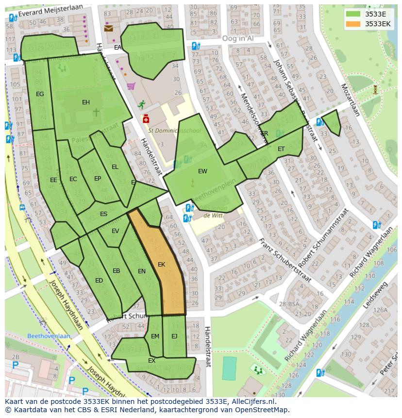 Afbeelding van het postcodegebied 3533 EK op de kaart.
