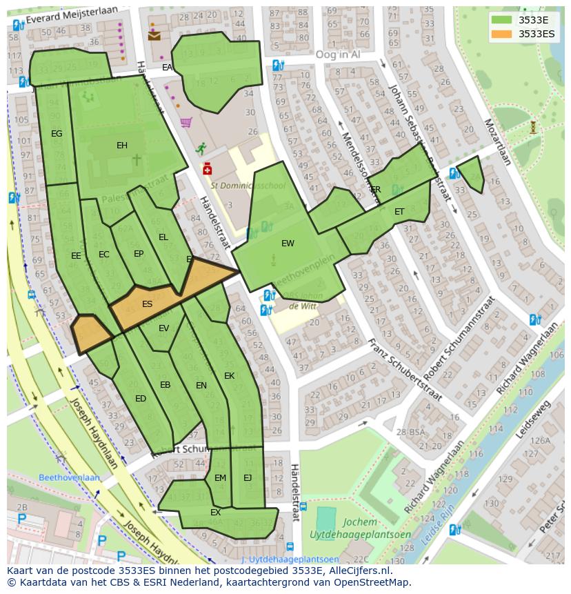 Afbeelding van het postcodegebied 3533 ES op de kaart.