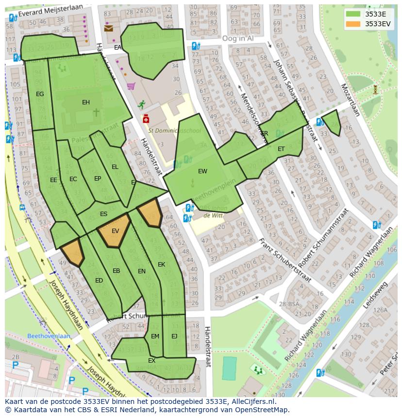 Afbeelding van het postcodegebied 3533 EV op de kaart.