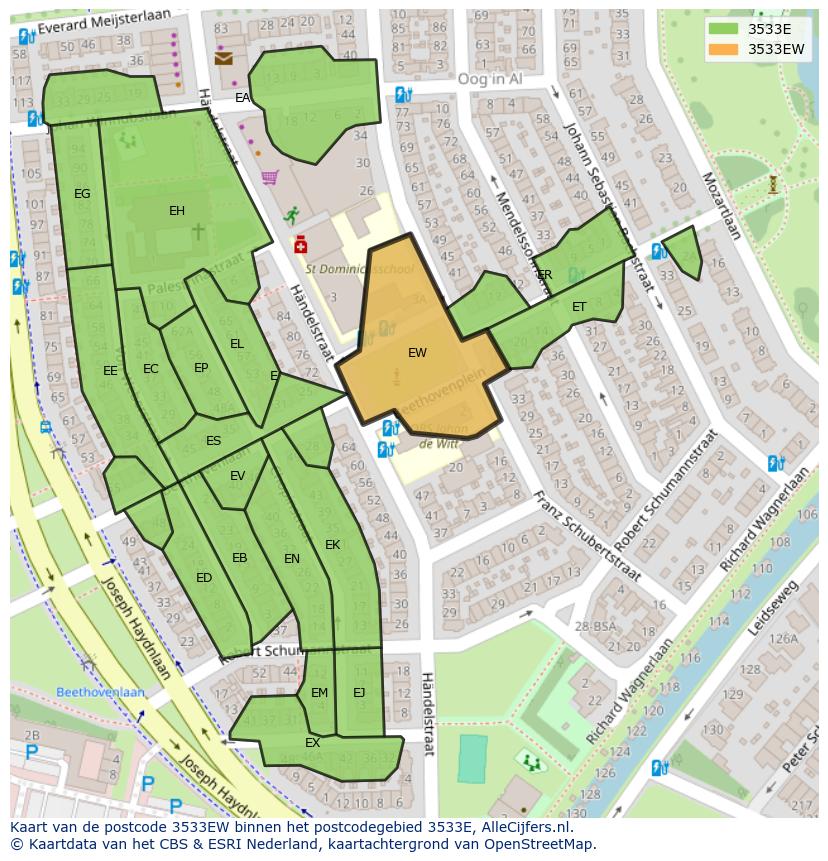Afbeelding van het postcodegebied 3533 EW op de kaart.