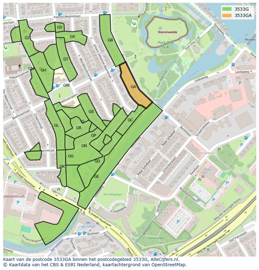 Afbeelding van het postcodegebied 3533 GA op de kaart.