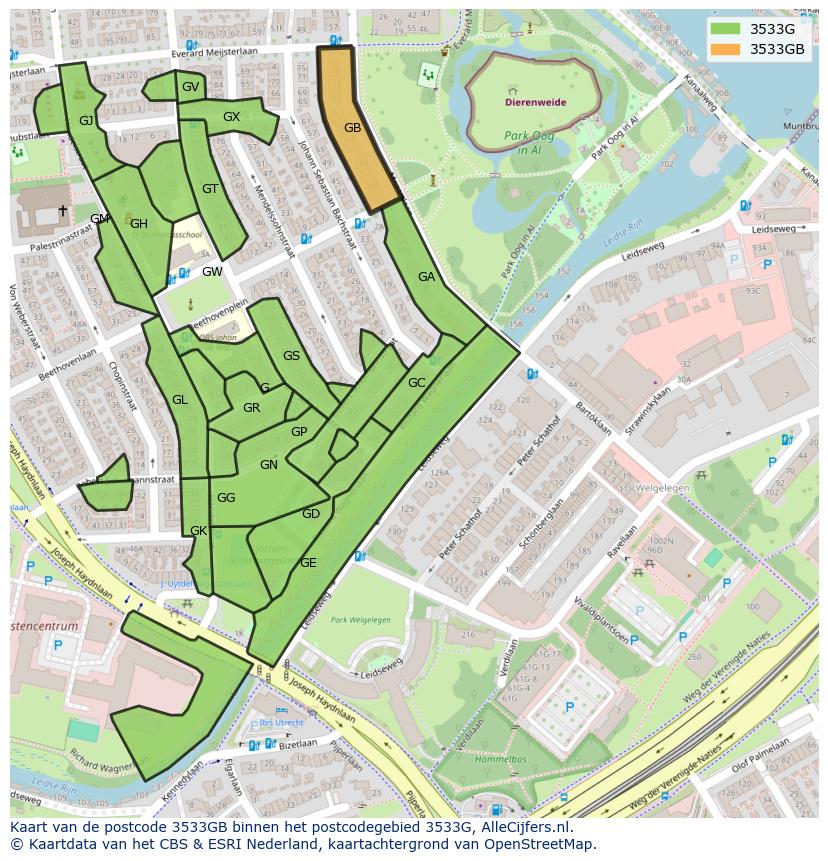 Afbeelding van het postcodegebied 3533 GB op de kaart.