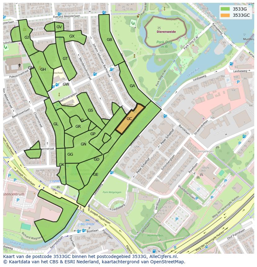 Afbeelding van het postcodegebied 3533 GC op de kaart.