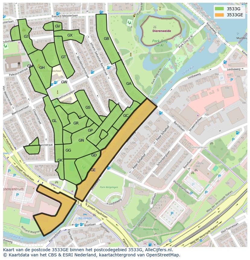 Afbeelding van het postcodegebied 3533 GE op de kaart.