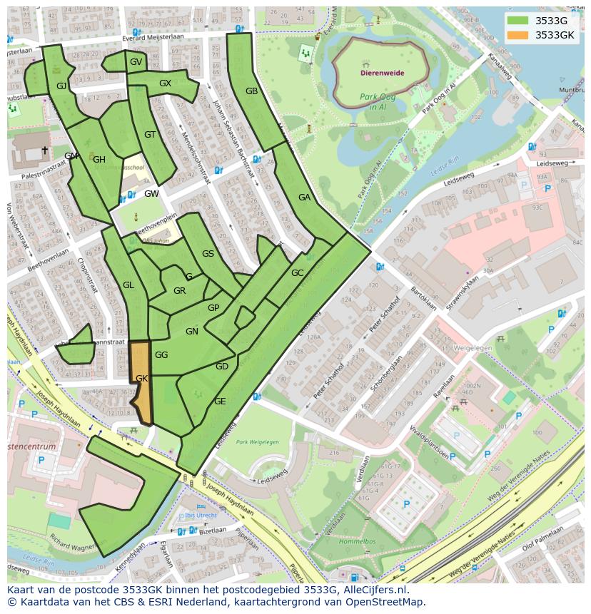Afbeelding van het postcodegebied 3533 GK op de kaart.