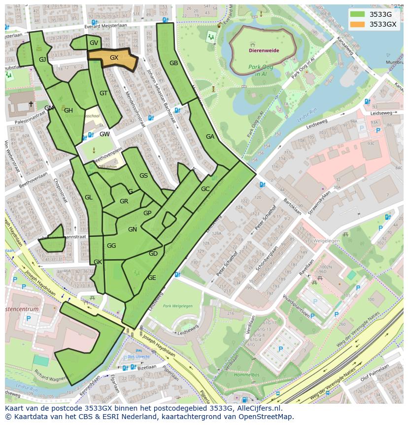 Afbeelding van het postcodegebied 3533 GX op de kaart.