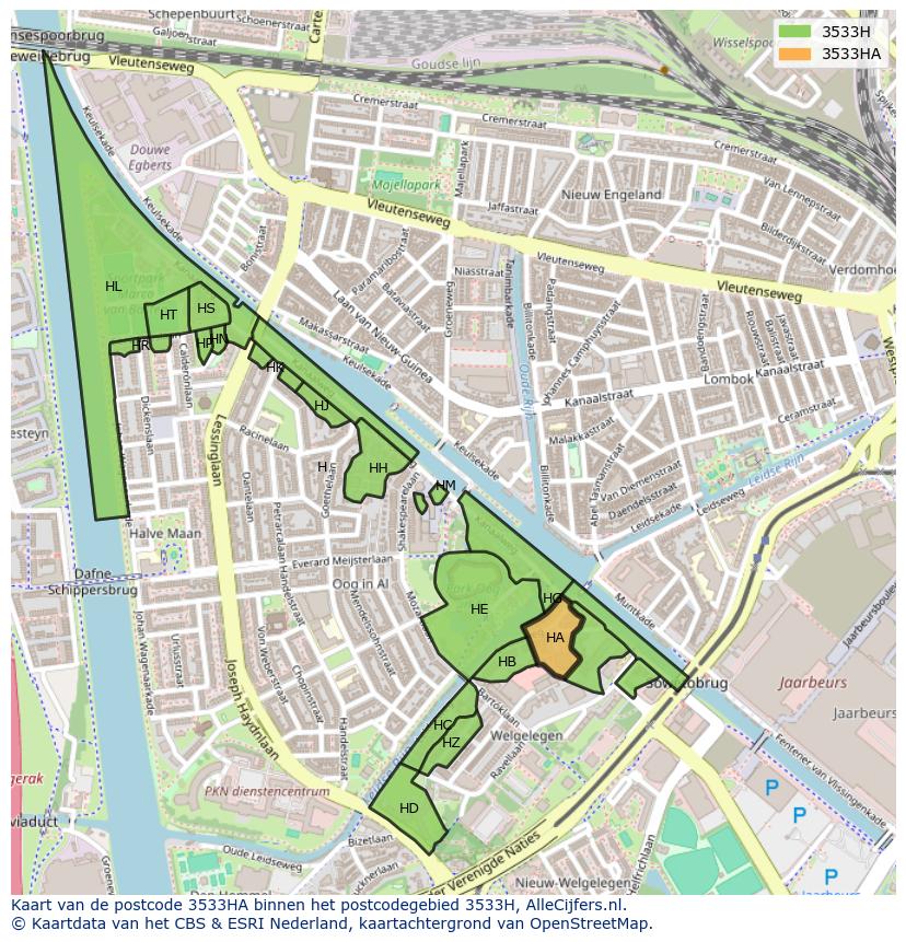 Afbeelding van het postcodegebied 3533 HA op de kaart.