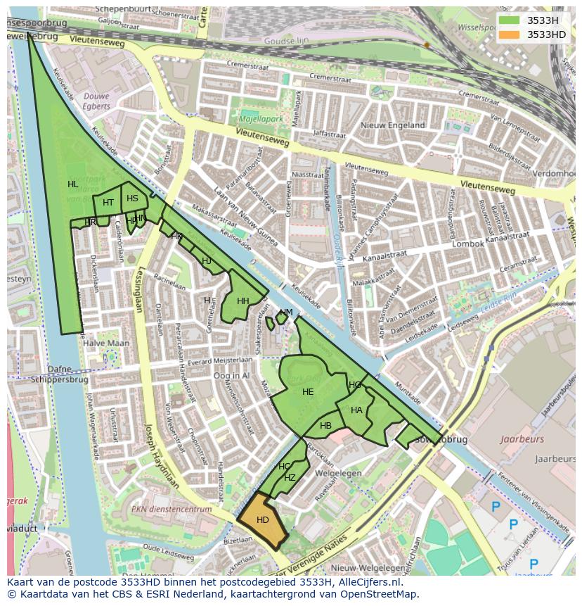 Afbeelding van het postcodegebied 3533 HD op de kaart.