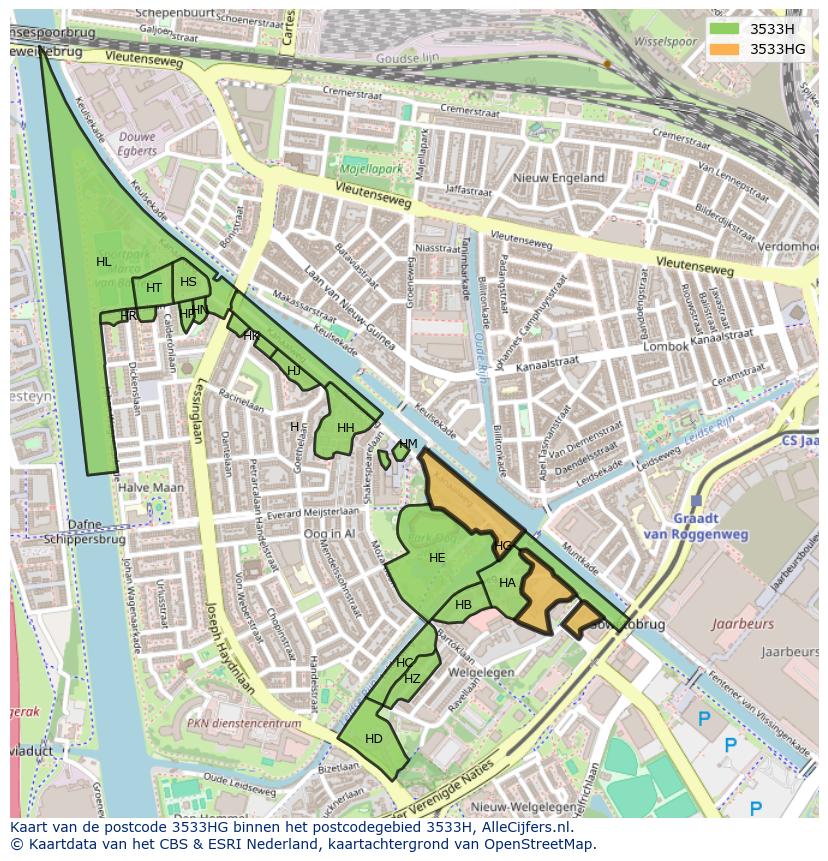Afbeelding van het postcodegebied 3533 HG op de kaart.