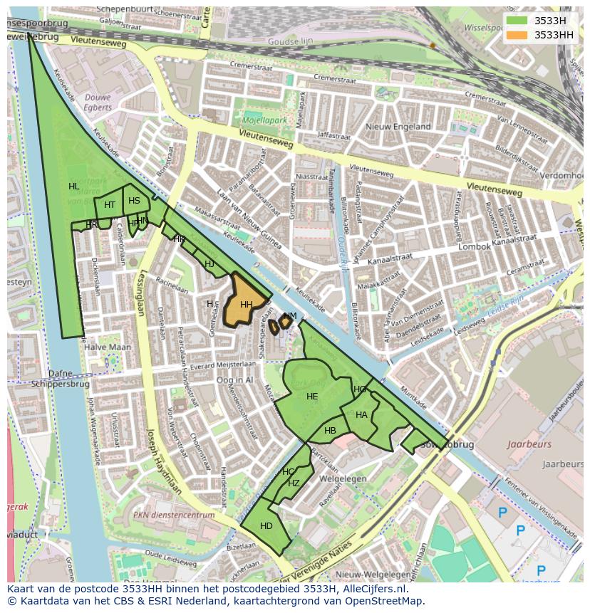 Afbeelding van het postcodegebied 3533 HH op de kaart.