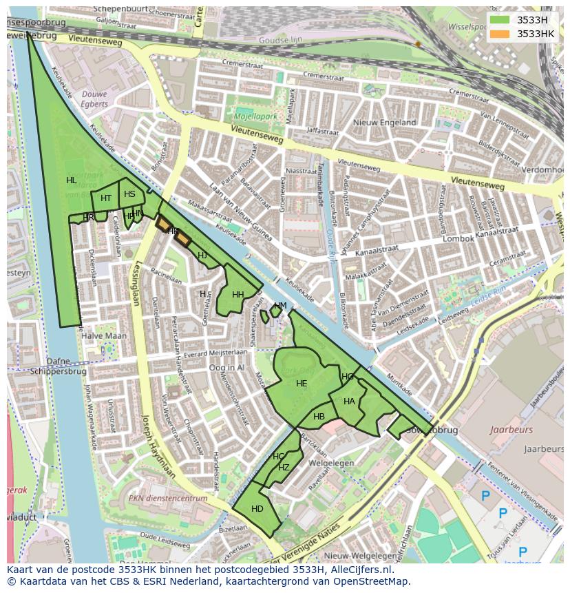 Afbeelding van het postcodegebied 3533 HK op de kaart.