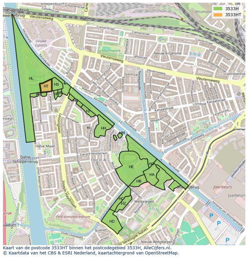 Afbeelding van het postcodegebied 3533 HT op de kaart.
