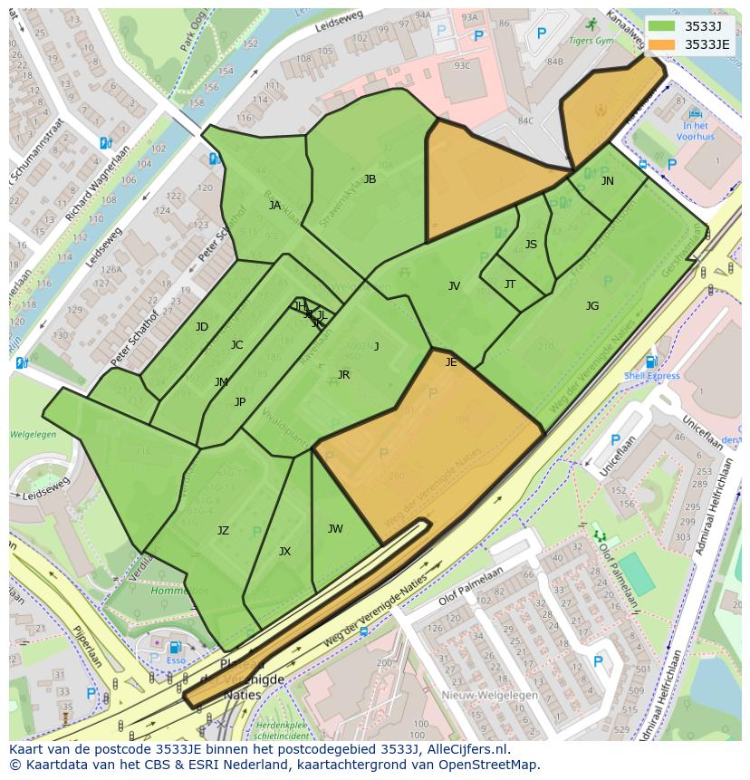 Afbeelding van het postcodegebied 3533 JE op de kaart.