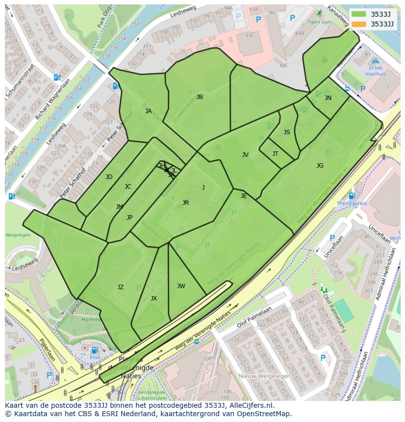 Afbeelding van het postcodegebied 3533 JJ op de kaart.
