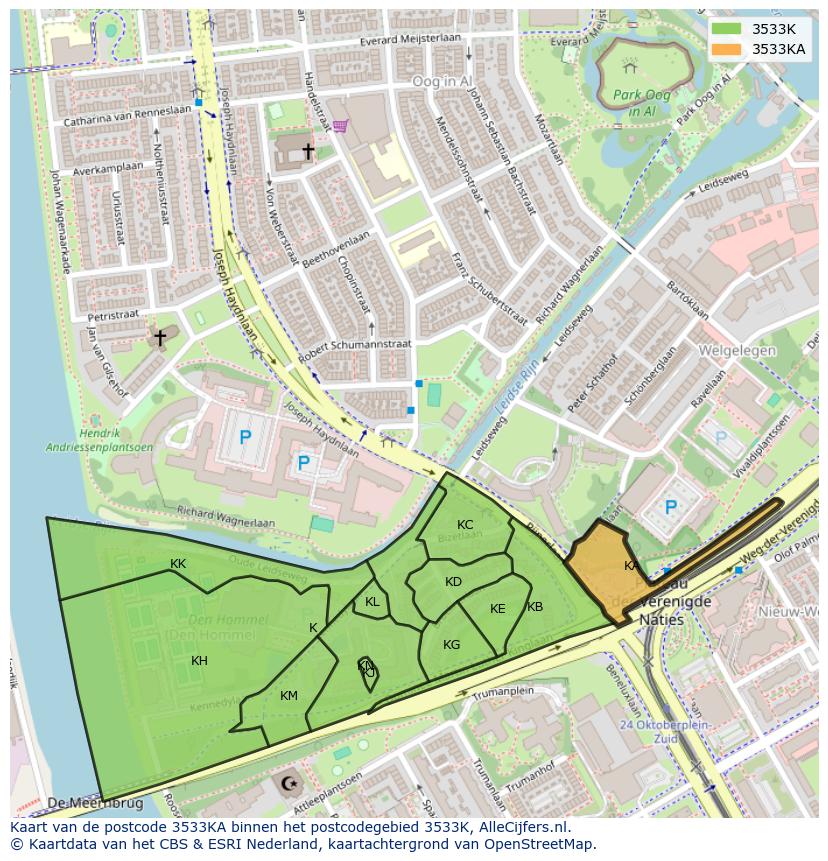 Afbeelding van het postcodegebied 3533 KA op de kaart.