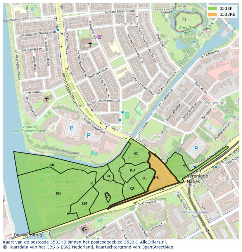 Afbeelding van het postcodegebied 3533 KB op de kaart.