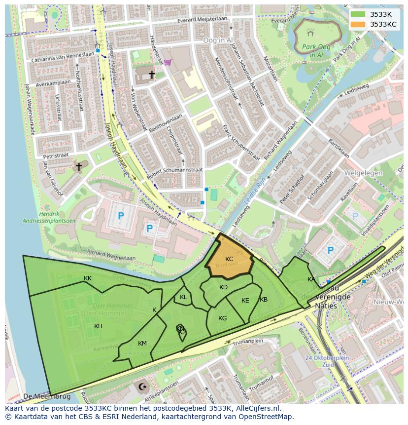 Afbeelding van het postcodegebied 3533 KC op de kaart.