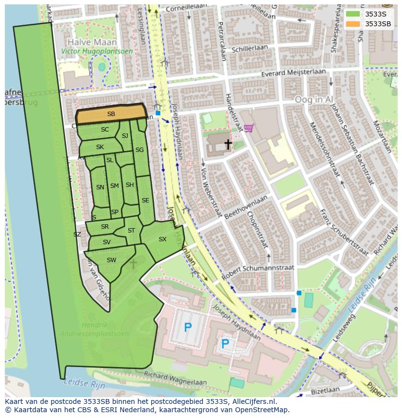 Afbeelding van het postcodegebied 3533 SB op de kaart.