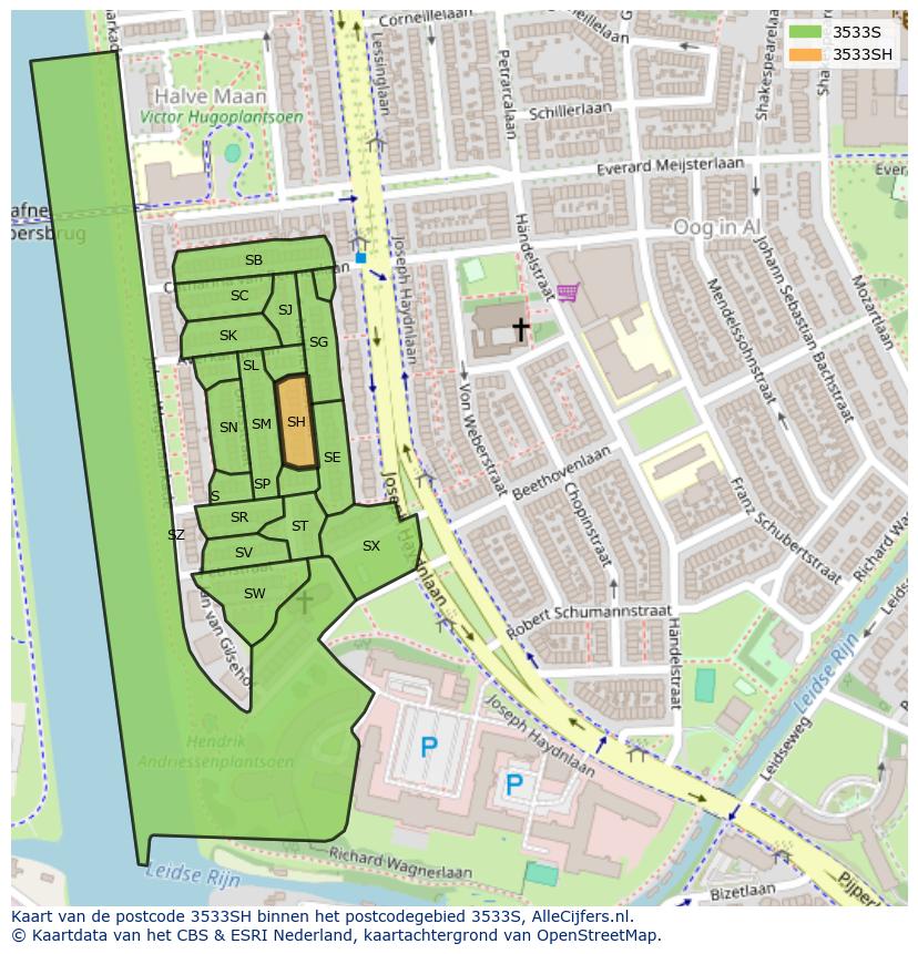 Afbeelding van het postcodegebied 3533 SH op de kaart.
