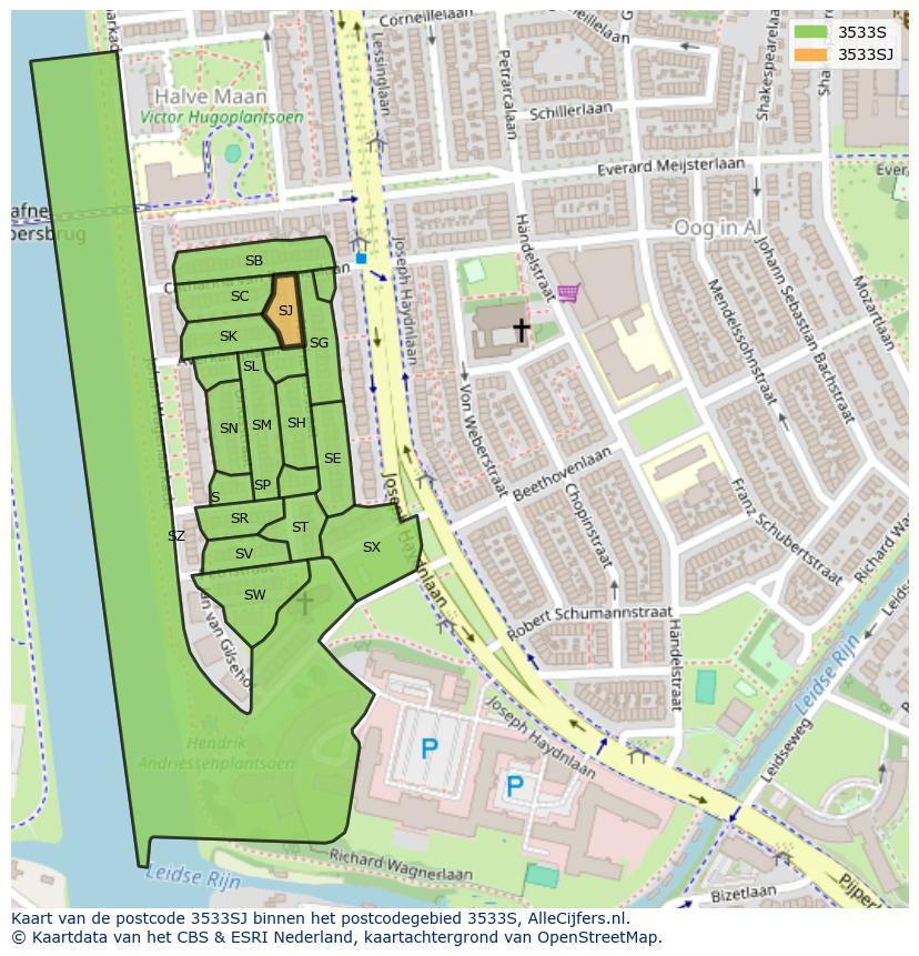 Afbeelding van het postcodegebied 3533 SJ op de kaart.