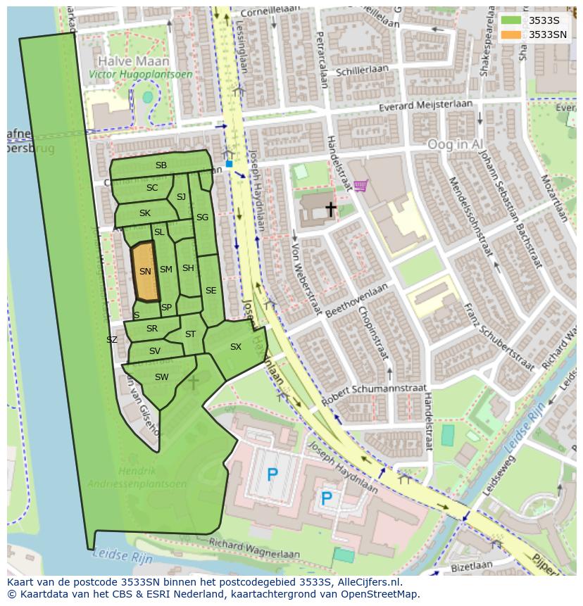 Afbeelding van het postcodegebied 3533 SN op de kaart.