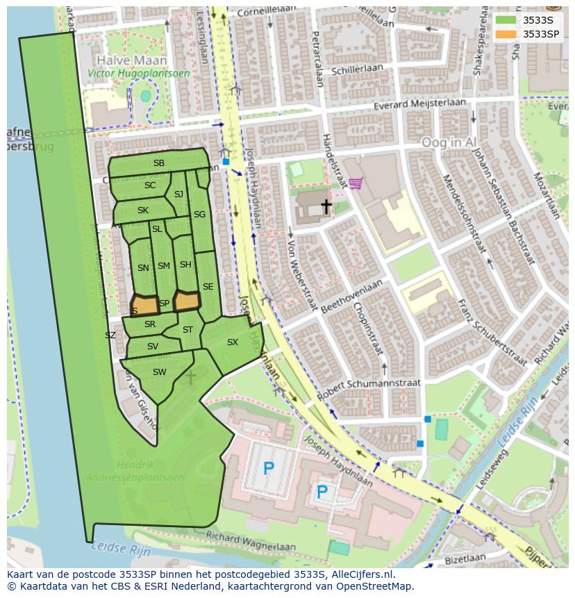 Afbeelding van het postcodegebied 3533 SP op de kaart.