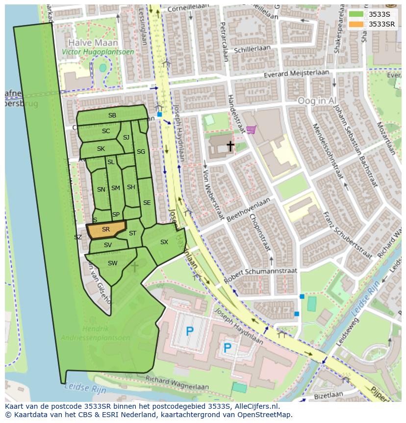 Afbeelding van het postcodegebied 3533 SR op de kaart.