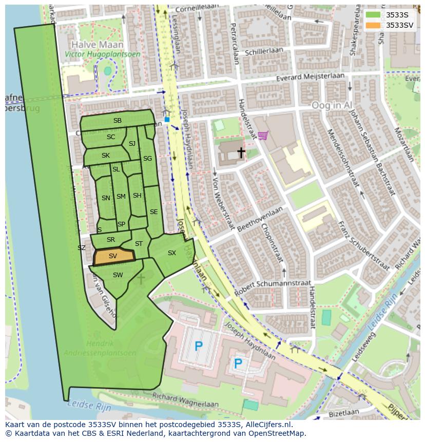 Afbeelding van het postcodegebied 3533 SV op de kaart.