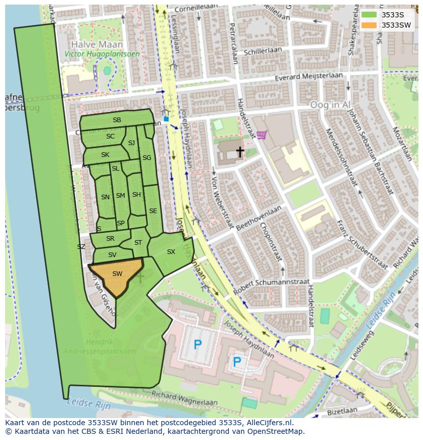 Afbeelding van het postcodegebied 3533 SW op de kaart.