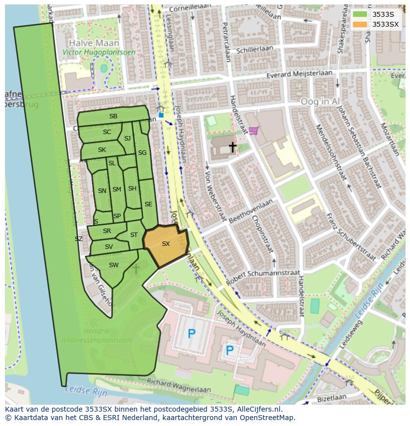 Afbeelding van het postcodegebied 3533 SX op de kaart.