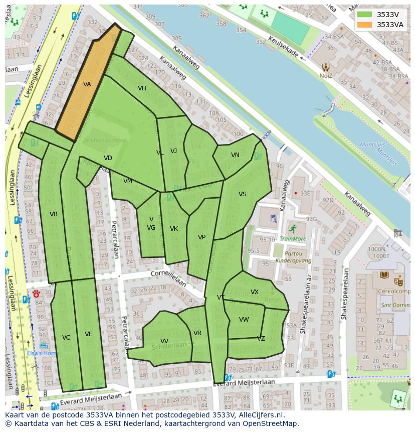 Afbeelding van het postcodegebied 3533 VA op de kaart.