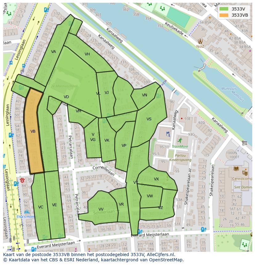 Afbeelding van het postcodegebied 3533 VB op de kaart.