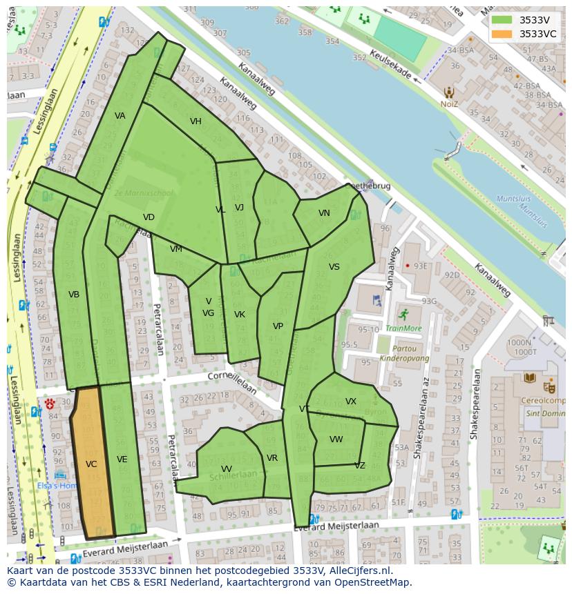 Afbeelding van het postcodegebied 3533 VC op de kaart.