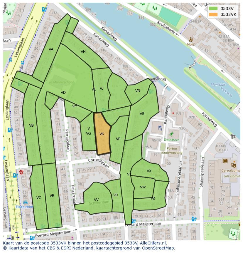 Afbeelding van het postcodegebied 3533 VK op de kaart.