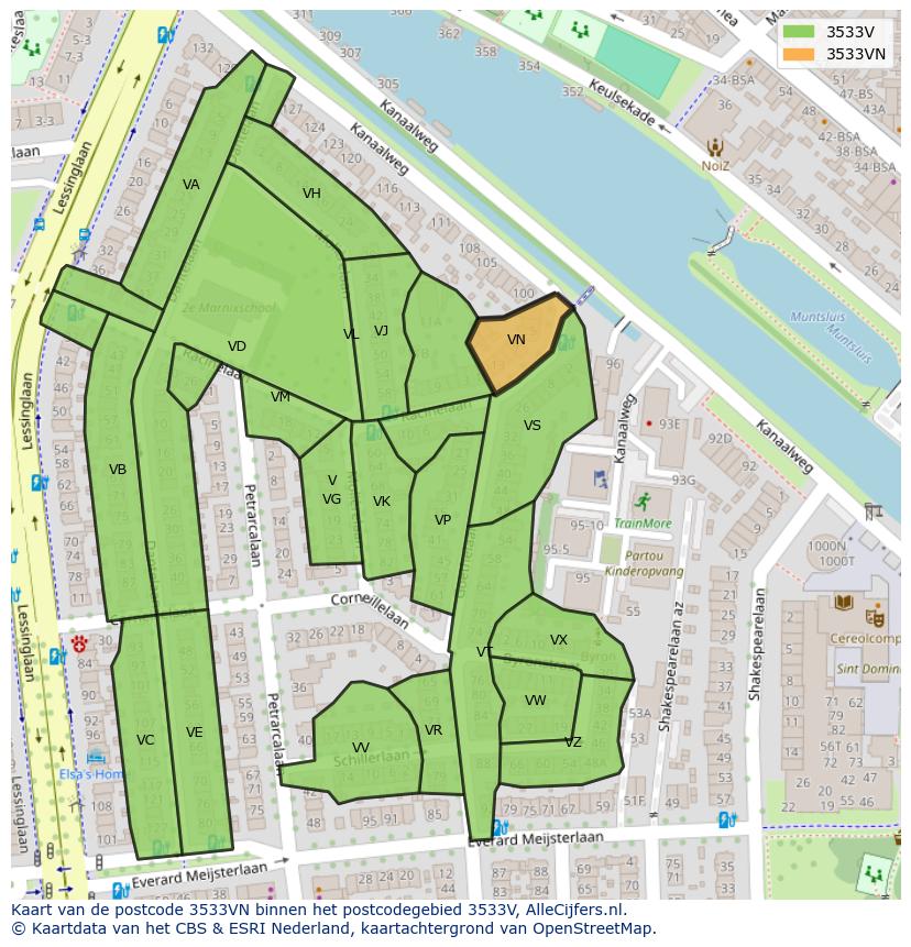 Afbeelding van het postcodegebied 3533 VN op de kaart.