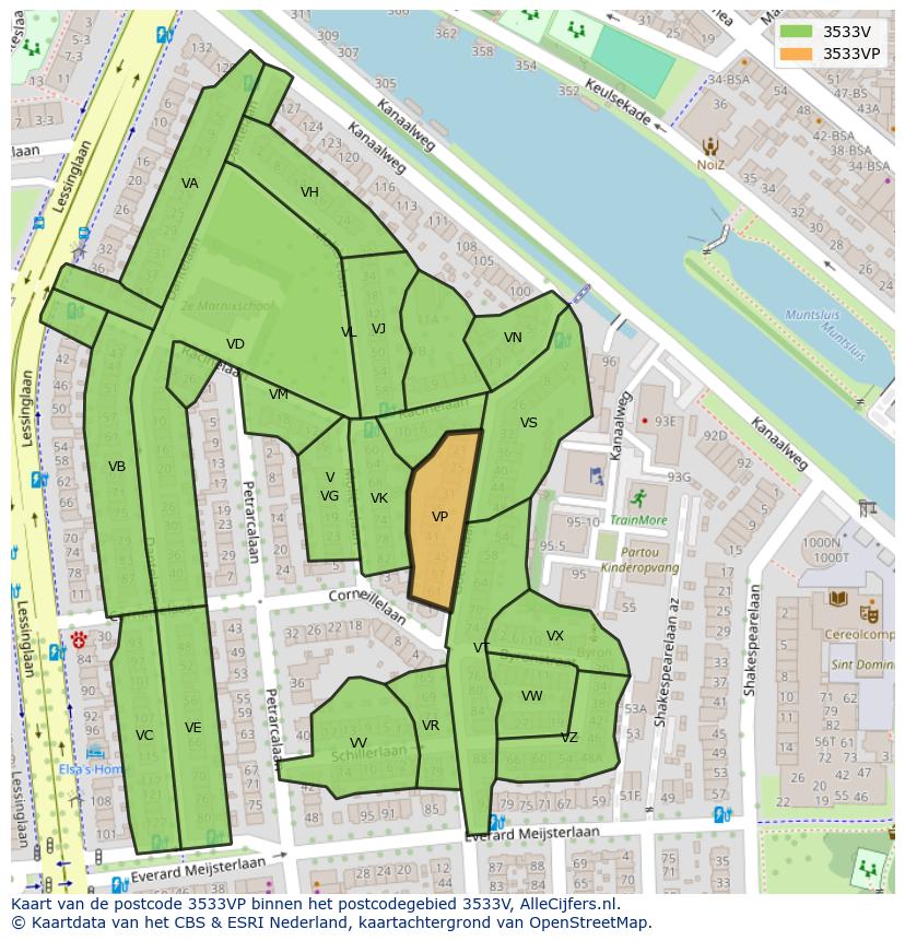 Afbeelding van het postcodegebied 3533 VP op de kaart.