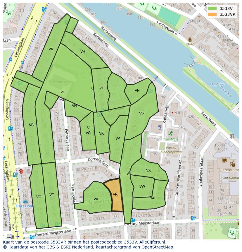 Afbeelding van het postcodegebied 3533 VR op de kaart.
