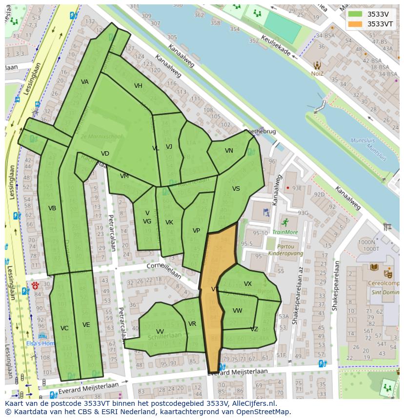 Afbeelding van het postcodegebied 3533 VT op de kaart.