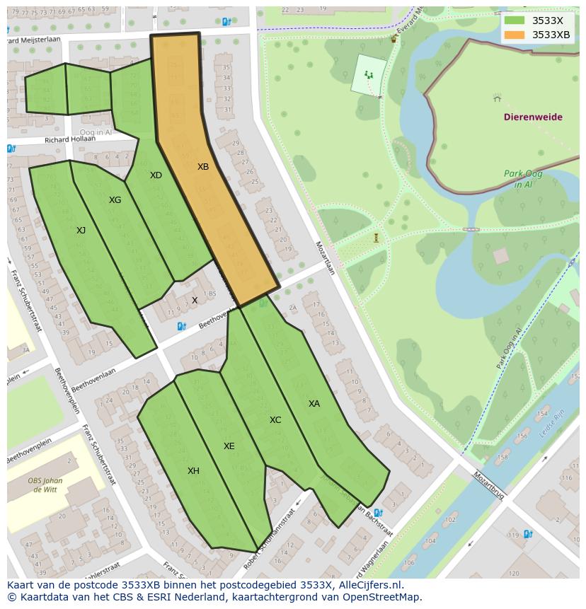 Afbeelding van het postcodegebied 3533 XB op de kaart.