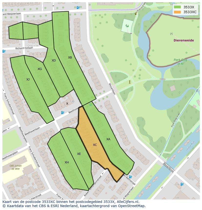 Afbeelding van het postcodegebied 3533 XC op de kaart.