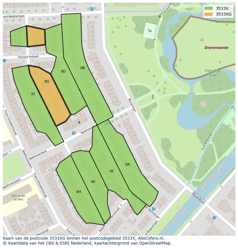 Afbeelding van het postcodegebied 3533 XG op de kaart.