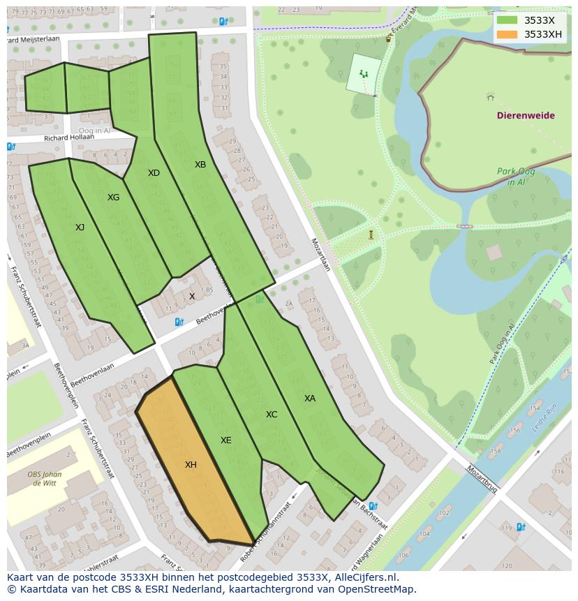 Afbeelding van het postcodegebied 3533 XH op de kaart.