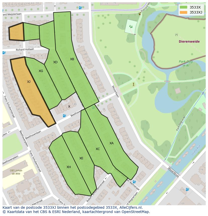 Afbeelding van het postcodegebied 3533 XJ op de kaart.