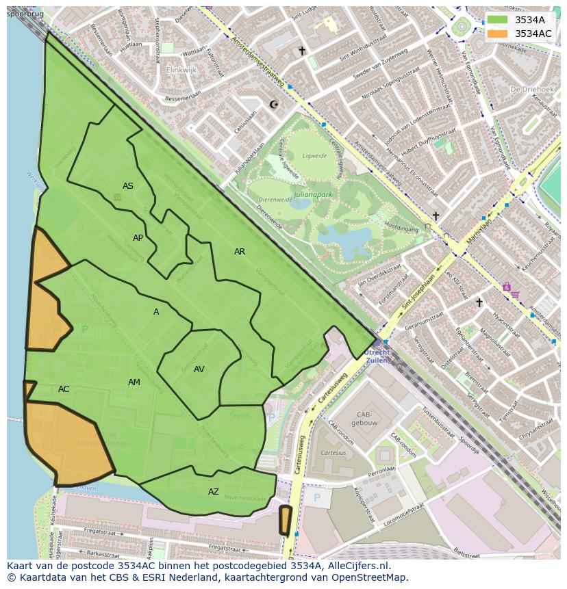 Afbeelding van het postcodegebied 3534 AC op de kaart.