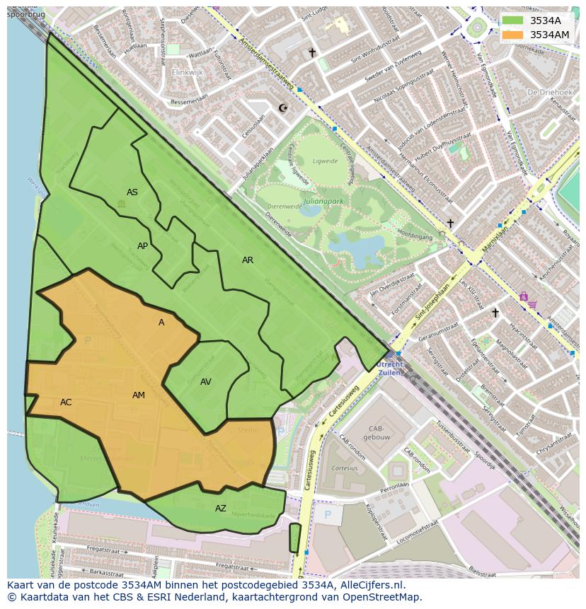 Afbeelding van het postcodegebied 3534 AM op de kaart.