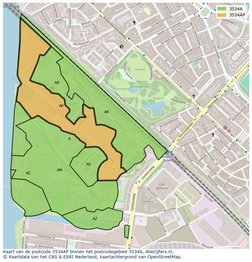 Afbeelding van het postcodegebied 3534 AP op de kaart.