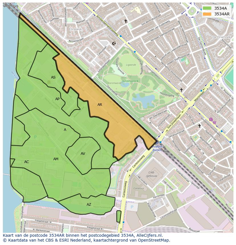 Afbeelding van het postcodegebied 3534 AR op de kaart.
