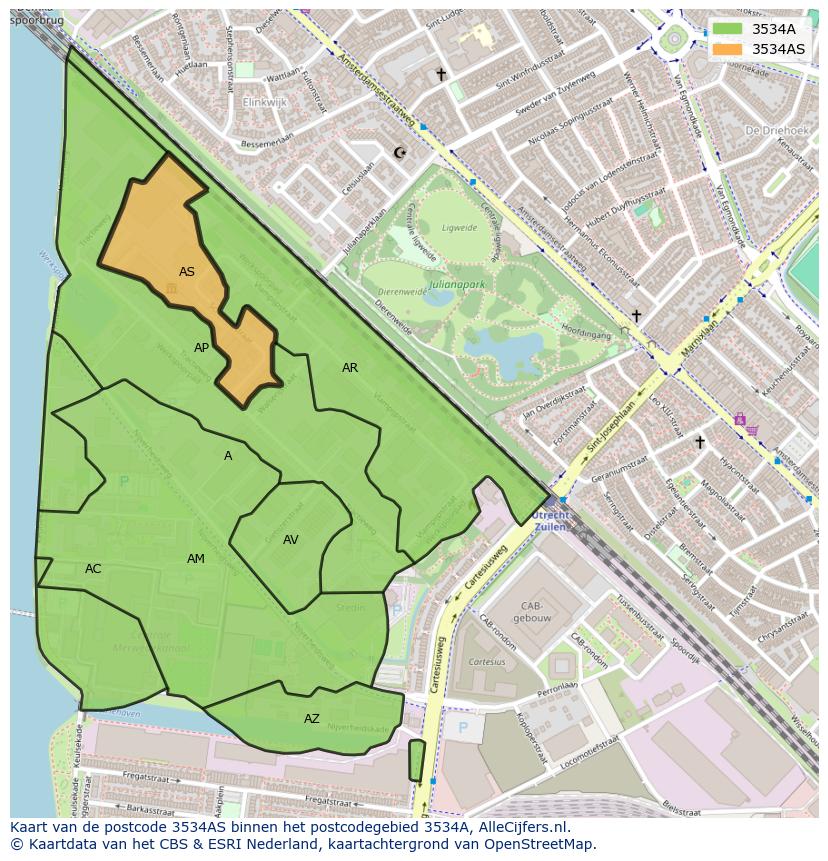 Afbeelding van het postcodegebied 3534 AS op de kaart.