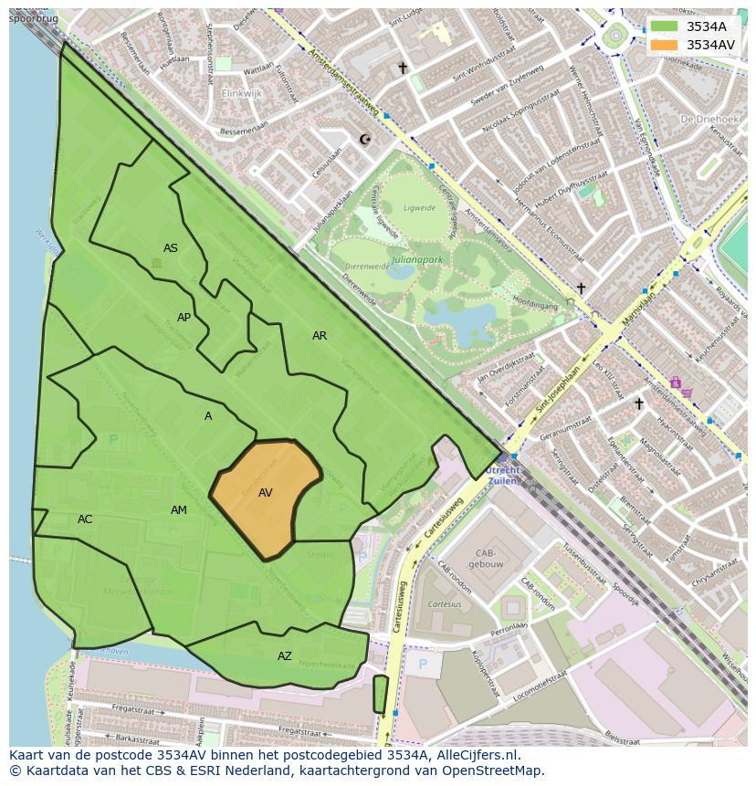 Afbeelding van het postcodegebied 3534 AV op de kaart.
